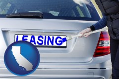 california map icon and silver car with LEASING painted in blue
