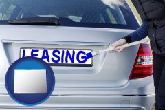 colorado map icon and silver car with LEASING painted in blue