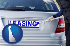 delaware map icon and silver car with LEASING painted in blue