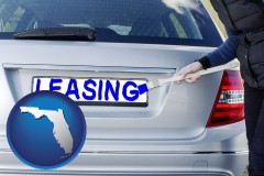 florida map icon and silver car with LEASING painted in blue