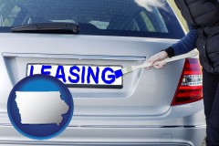 iowa map icon and silver car with LEASING painted in blue
