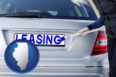 illinois map icon and silver car with LEASING painted in blue