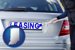 indiana map icon and silver car with LEASING painted in blue