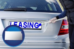 kansas map icon and silver car with LEASING painted in blue