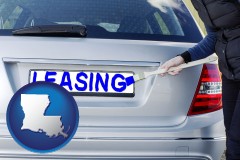 louisiana map icon and silver car with LEASING painted in blue