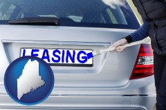 maine map icon and silver car with LEASING painted in blue