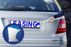 minnesota map icon and silver car with LEASING painted in blue