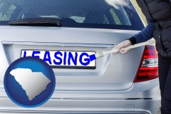 south-carolina map icon and silver car with LEASING painted in blue