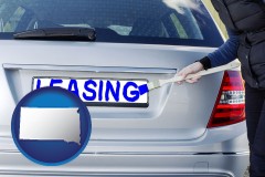 south-dakota map icon and silver car with LEASING painted in blue