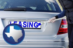 texas map icon and silver car with LEASING painted in blue