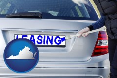 virginia map icon and silver car with LEASING painted in blue