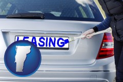 vermont map icon and silver car with LEASING painted in blue