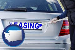 washington map icon and silver car with LEASING painted in blue