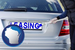 wisconsin map icon and silver car with LEASING painted in blue