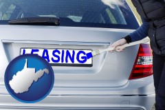 west-virginia map icon and silver car with LEASING painted in blue