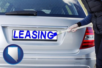 silver car with LEASING painted in blue - with Nevada icon