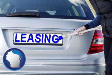 silver car with LEASING painted in blue - with Wisconsin icon